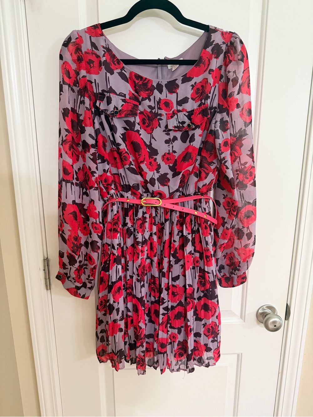 Xhilaration Purple Dress with Red Floral Print and Pink Belt